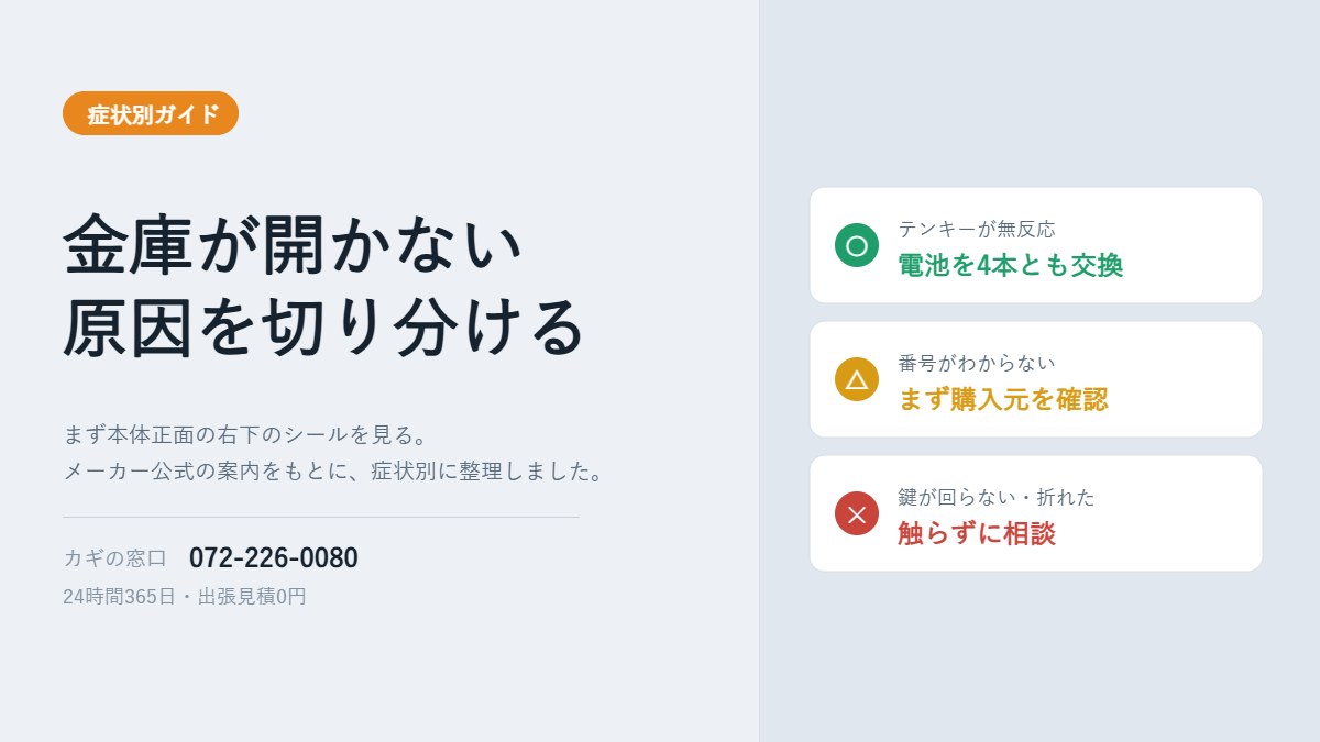 家庭用金庫が開かない原因の切り分け図。テンキーが無反応なら電池を4本とも交換、番号がわからないならまず購入元を確認、鍵が回らない・折れたなら触らずに相談。